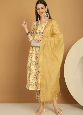 Yellow Cotton Embroidered Work Trendy Suit for Women
