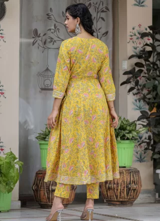 Yellow Cotton Floral Patch and Mirror Work Designer Kurti for Casual