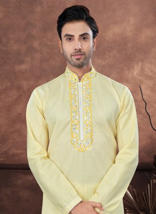 Yellow Cotton Hand Work Kurta Mens Wear