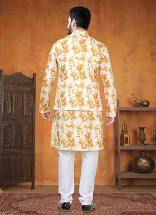 Yellow Cotton Kurta Payjama with Jacket with Print Work for Ceremonial
