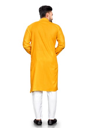 Yellow Cotton Kurta Pyjama In Plain for Men
