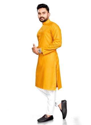 Yellow Cotton Kurta Pyjama In Plain for Men
