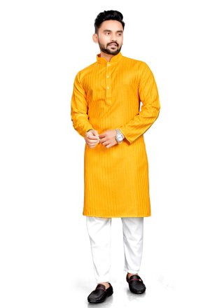 Yellow Cotton Kurta Pyjama In Plain for Men