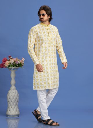 Yellow Cotton Kurta Pyjama with Digital Print and Embroidered Work for Engagement