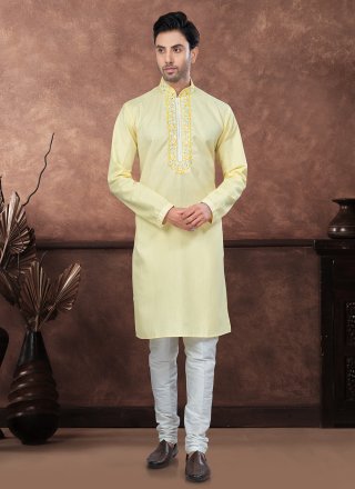 Yellow Cotton Kurta Pyjama with Embroidered and Hand Work for Ceremonial