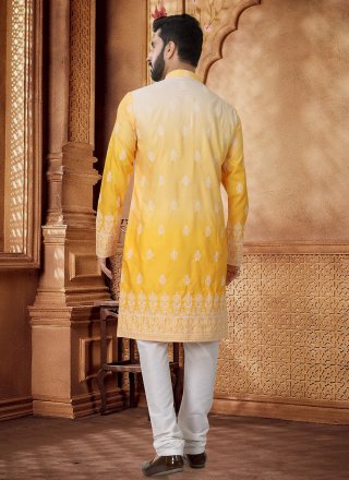 Yellow Cotton Kurta Pyjama with Embroidered and Thread Work for Ceremonial