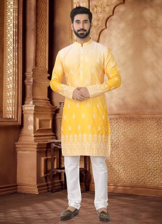 Yellow Cotton Kurta Pyjama with Embroidered and Thread Work for Ceremonial