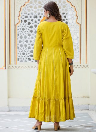 Yellow Cotton Mirror Work Indian Gown for Ceremonial