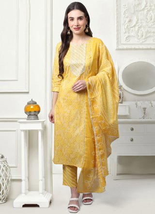 Yellow Cotton Pant Style Suit with Print Work for Casual