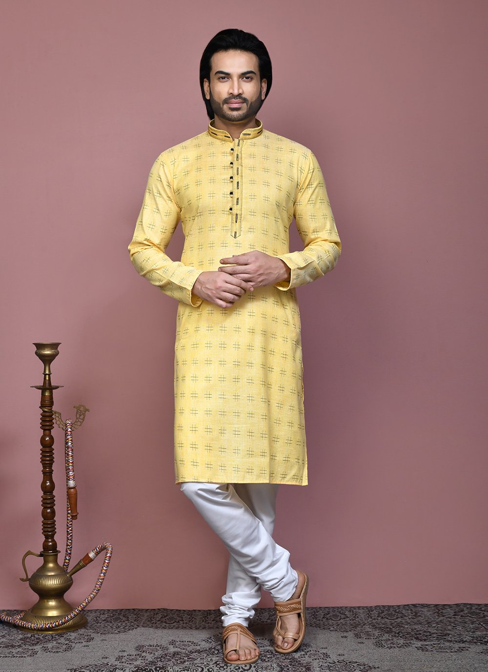 Yellow Cotton Print Work Kurta Pyjama for Men