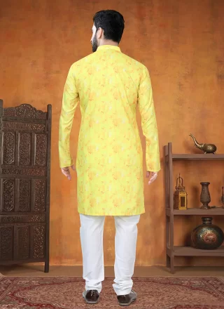 Yellow Cotton Print Work Kurta Pyjama for Men