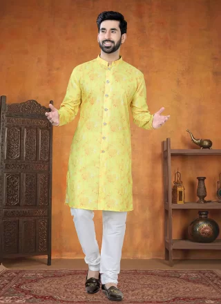Yellow Cotton Print Work Kurta Pyjama for Men