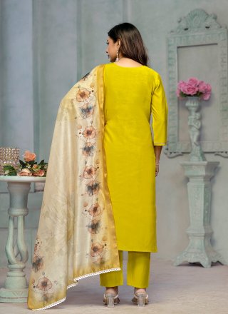 Yellow Cotton Readymade Salwar Suit with Embroidered and Print Work for Casual