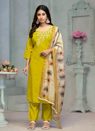 Yellow Cotton Readymade Salwar Suit with Embroidered and Print Work for Casual