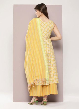 Yellow Cotton Readymade Salwar Suit with Strips Print Work