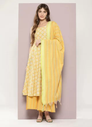 Yellow Cotton Readymade Salwar Suit with Strips Print Work