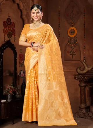 Yellow Cotton Thread Work Casual Sari for Casual