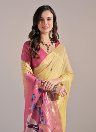 Yellow Cotton Weaving and Zari Work Traditional Saree for Ceremonial