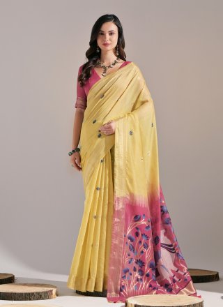 Yellow Cotton Weaving and Zari Work Traditional Saree for Ceremonial