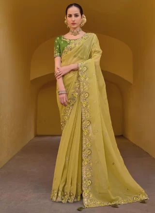 Yellow Cut, Embroidered and Sequins Work Organza Trendy Saree