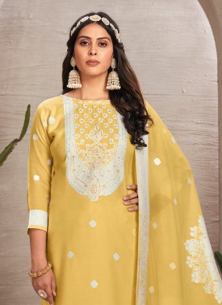 Yellow Diamond and Woven Work Organza Salwar Suit