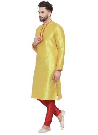 Yellow Dupion Silk Embroidered Work Kurta Pyjama for Men