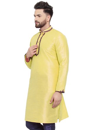 Yellow Dupion Silk Kurta Mens Wear with Embroidered Work for Men