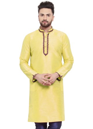Yellow Dupion Silk Kurta Mens Wear with Embroidered Work for Men