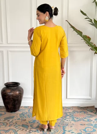 Yellow Embroidered and Print Work Chanderi Pant Style Suit