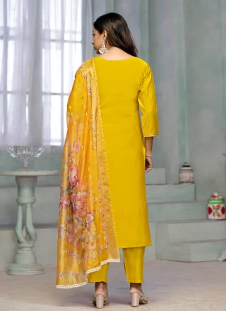 Yellow Embroidered and Print Work Cotton Salwar Suit