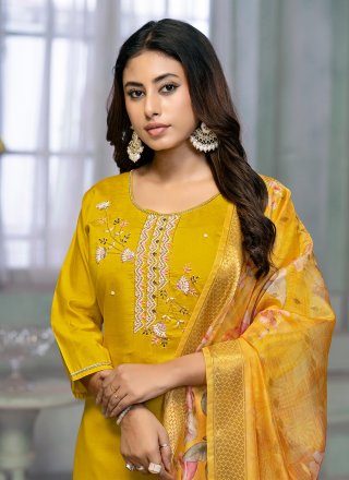Yellow Embroidered and Print Work Cotton Salwar Suit Yellow Embroidered and Print Work Cotton Salwar Suit