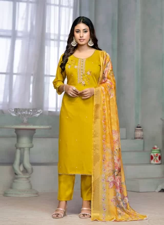 Yellow Embroidered and Print Work Cotton Salwar Suit