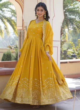 Yellow Embroidered and Sequins Work Faux Georgette  Designer Gown