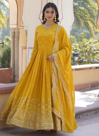Yellow Embroidered and Sequins Work Faux Georgette  Designer Gown