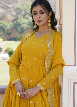 Yellow Embroidered and Sequins Work Faux Georgette  Designer Gown