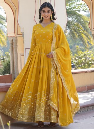 Yellow Embroidered and Sequins Work Faux Georgette  Designer Gown