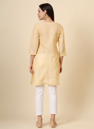 Yellow Embroidered and Thread Work Cotton Casual Kurti