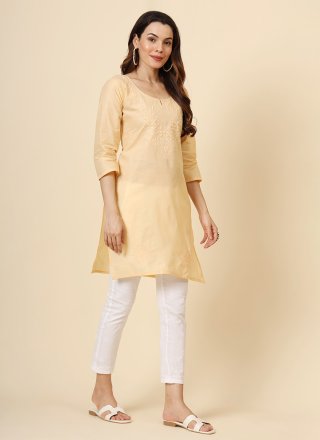 Yellow Embroidered and Thread Work Cotton Casual Kurti