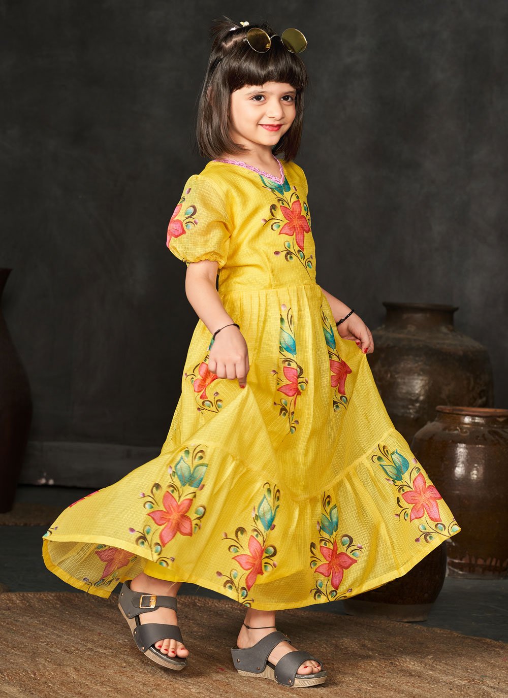 Buy Yellow Fancy Fabric Digital Print Work Gown Kids Wear Online : 284730