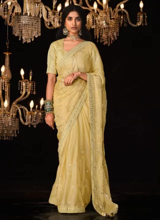 Yellow Fancy Fabric Patch Border, Embroidered and Sequins Work Classic Sari