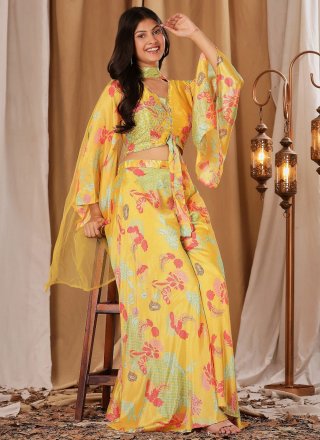 Yellow Fancy Fabric Readymade Salwar Suit with Embroidered and Print Work for Festival