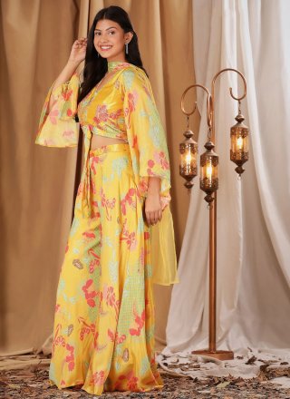 Yellow Fancy Fabric Readymade Salwar Suit with Embroidered and Print Work for Festival