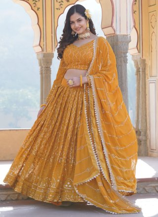 Yellow Faux Georgette A - Line Lehenga Choli with Embroidered, Sequins and Thread Work