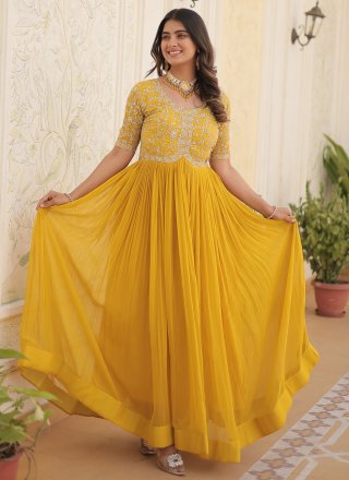 Yellow Faux Georgette  Designer Gown with Embroidered, Sequins and Zari Work