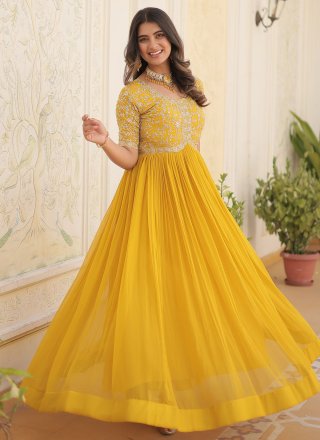 Yellow Faux Georgette  Designer Gown with Embroidered, Sequins and Zari Work