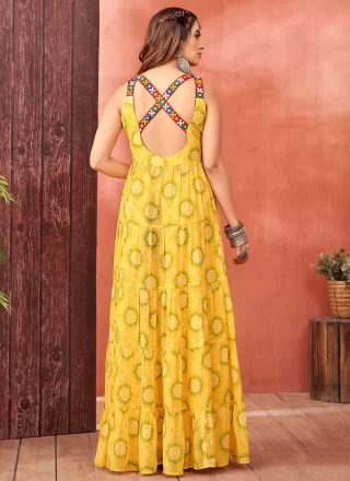 Yellow Faux Georgette  Designer Gown with Fancy, Mirror and Print Work
