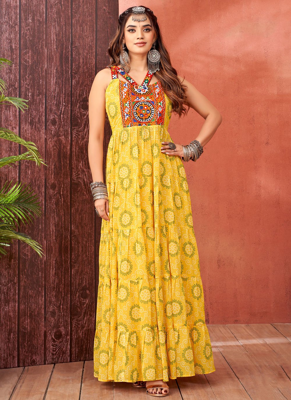 Yellow Faux Georgette Designer Gown with Fancy, Mirror and Print Work