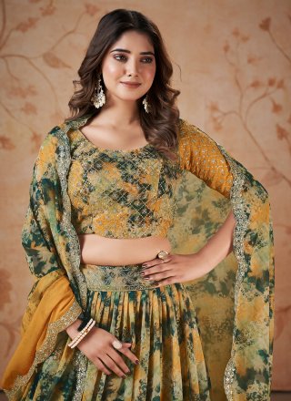 Yellow Faux Georgette Lehenga Choli with Digital Print, Embroidered and Sequins Work
