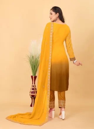 Yellow Faux Georgette Pant Style Suit with Embroidered, Sequins and Zari Work