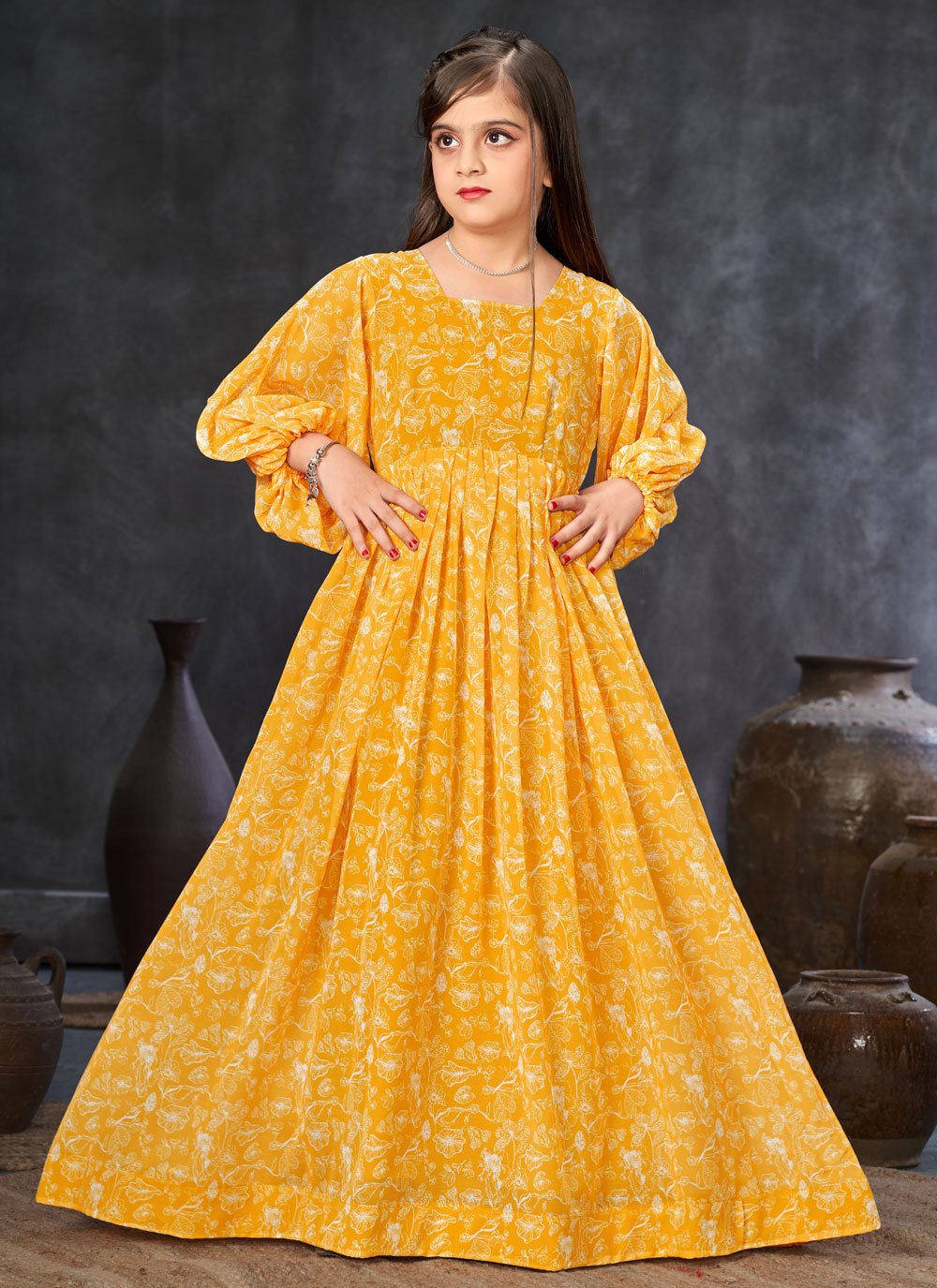 Yellow Georgette Digital Print Work Gown Kids Wear for Kid Buy